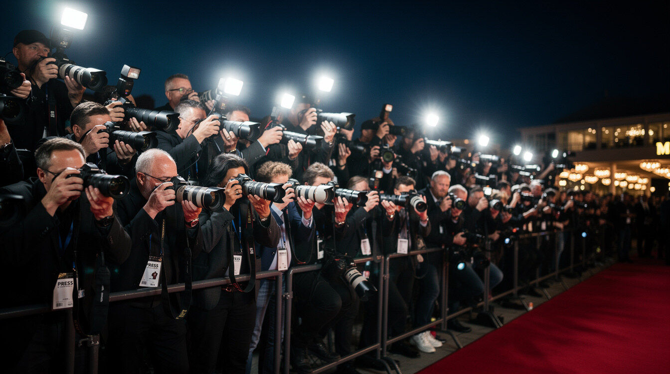 Photographers with cameras flashing at a red carpet event