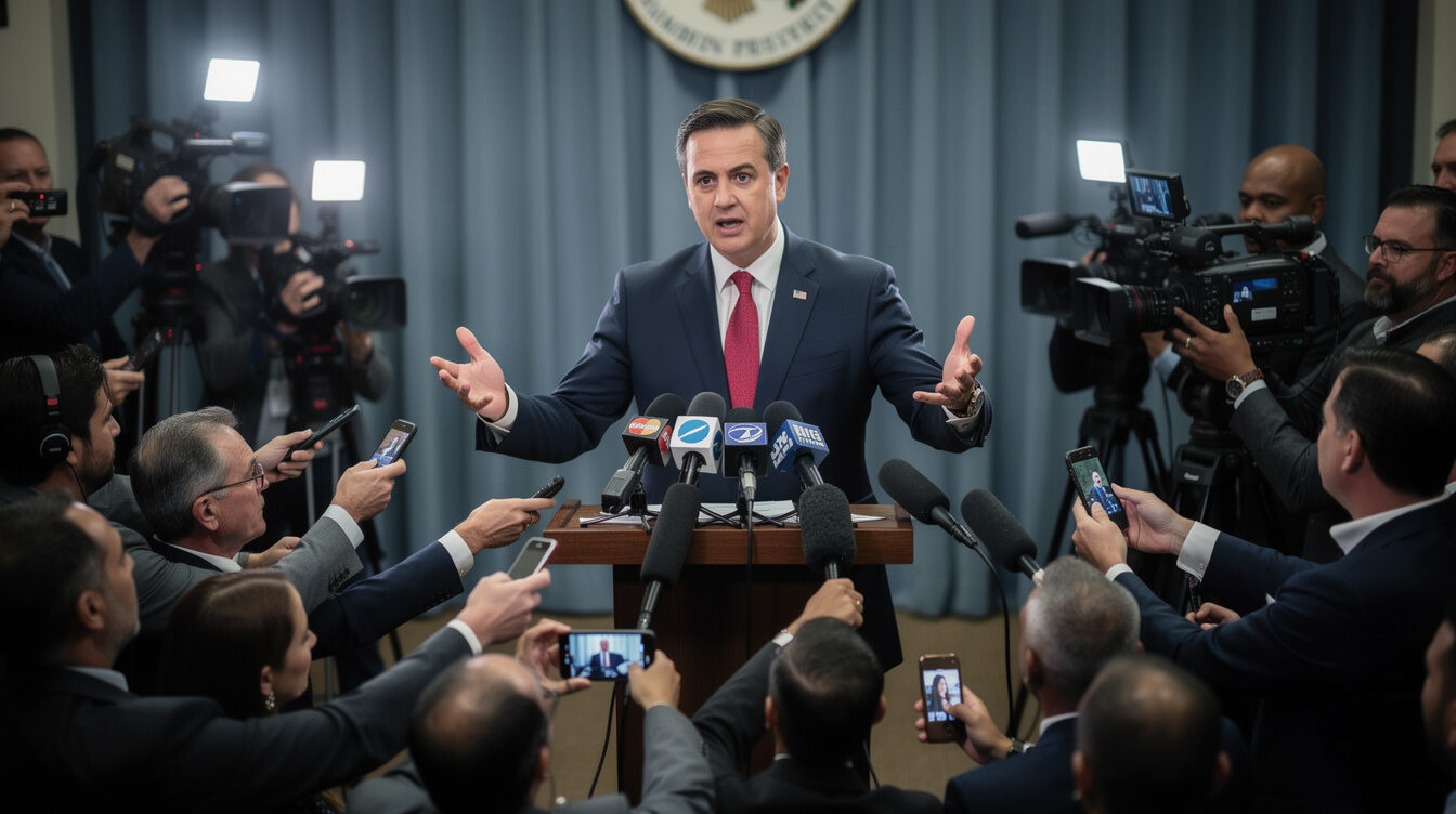 politician speaking to reporters